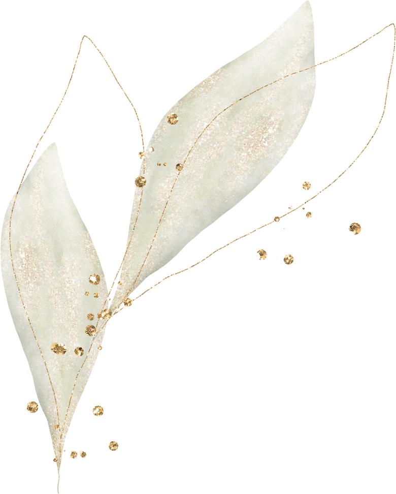 Green watercolor leaves with gold and glitter splatter