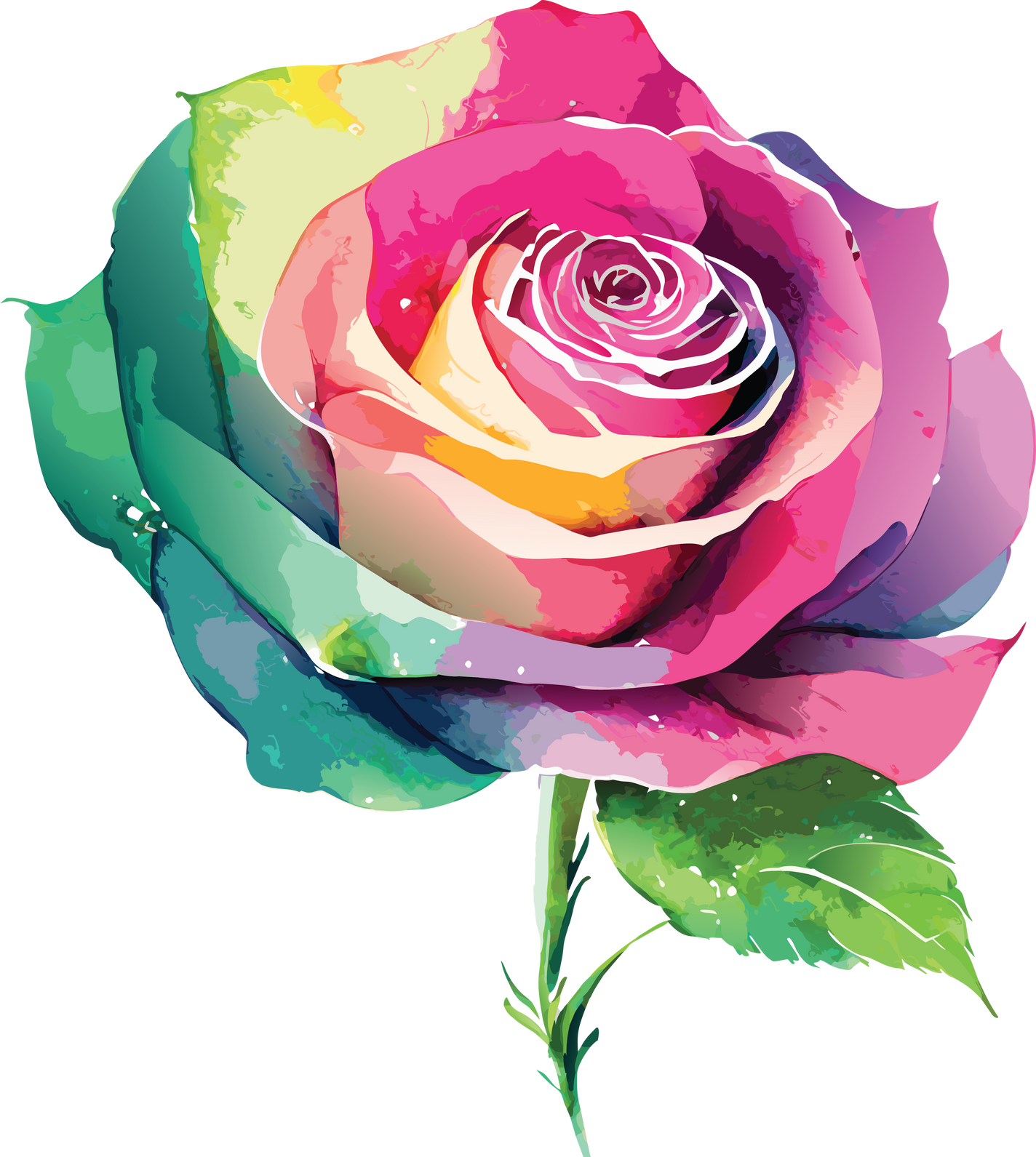 Watercolor single rainbow rose flower